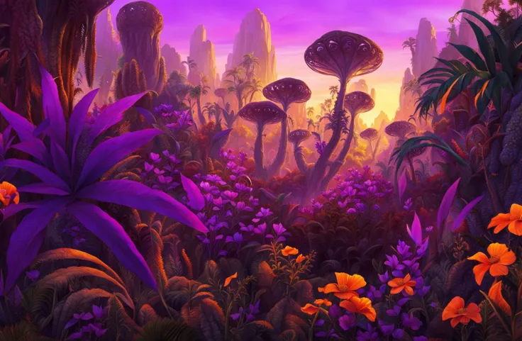 an alien jungle with lots of purple plants, foliage, and orange flowers at sunset, volumetric lighting, digitalart