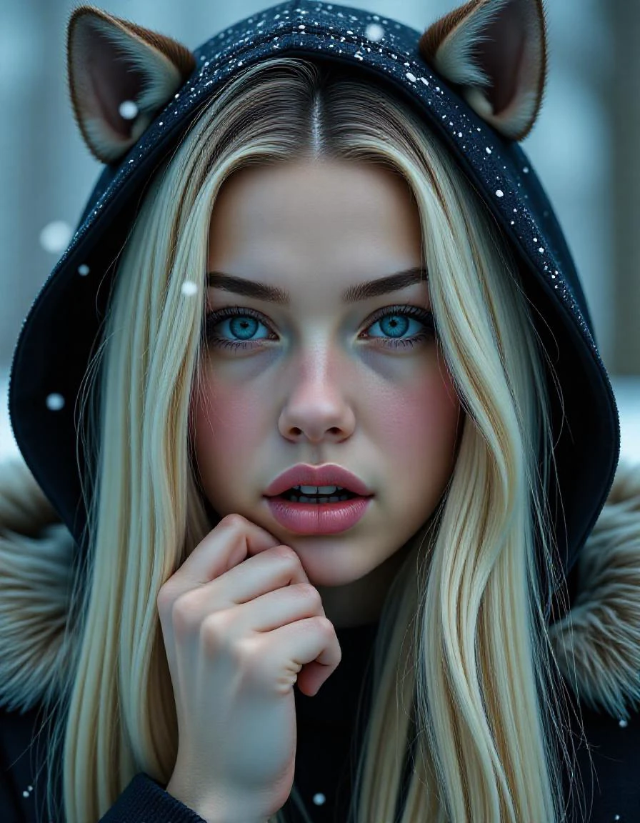 close-up of a stunning gothic style young woman with long straight blonde hair, detailed ice blue doe eyes, full lips, tinted lip gloss, flushed, perfect skin, large fangs, fur coat with hood and animal ears on hood, realistic and delicate facial features, light snow fall with large snow flakes, photorealistic rendering, One hand resting on the chin, shoulders slightly hunched, head tilted slightly downwards. detailed photorealism style, detailed skin pore style, perfection style,