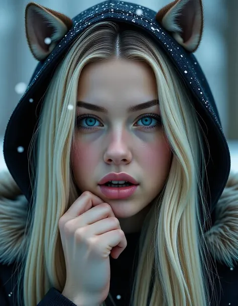 close-up of a stunning gothic style young woman with long straight blonde hair, detailed ice blue doe eyes, full lips, tinted lip gloss, flushed, perfect skin, large fangs, fur coat with hood and animal ears on hood, realistic and delicate facial features, light snow fall with large snow flakes,  photorealistic rendering, One hand resting on the chin, shoulders slightly hunched, head tilted slightly downwards. detailed photorealism style, detailed skin pore style, perfection style,