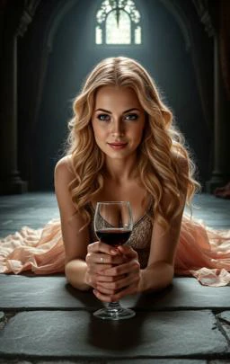 A delicate princess woman with flowing, golden hair, adorned in an intricate, shimmering gown made of silken fabrics, lies elegantly on a stone floor.She gazes forward with a smile. In her hands, she holds a half filled wine glass. The background features a mystical, ancient palace interior bathed in soft, ethereal light, with intricate carvings and tapestries. The composition is heroic, with dynamic lines leading the viewer's eye to the confrontation. The overall atmosphere is tense and dramatic, with shadows and highlights creating a stark contrast that emphasizes the movement and emotions in the scene. The image should capture the high fantasy elements and the dramatic, picturesque style of classic artworks.