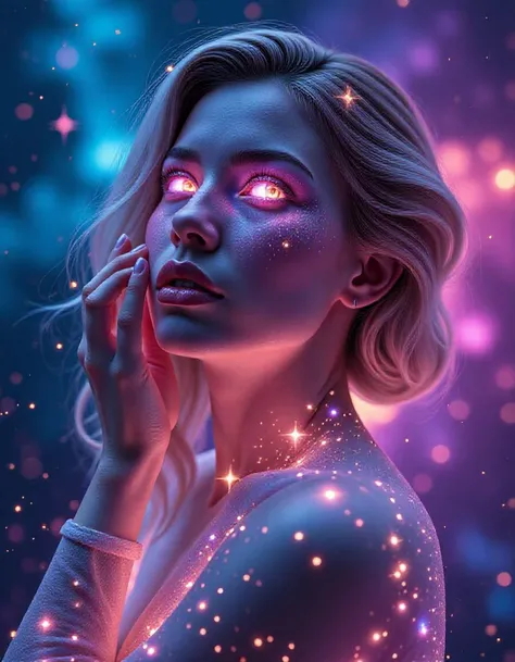 a close-up shot of an ethereal star woman with eyes body and face glowing like galaxies, surrounded by swirling, vibrant cosmic colors, vibrant star planet, ultra-detailed and photorealistic rendering, soft ambient lighting, starry nebulae in the background, dynamic and radiant color gradients, glowing reflections, cinematic composition, surreal and otherworldly atmosphere, intricate facial features, flowing hair infused with cosmic energy, luminous and ethereal, celestial radiance, soft yet detailed textures, otherworldly beauty looking up, fingers to cheeks, from back,