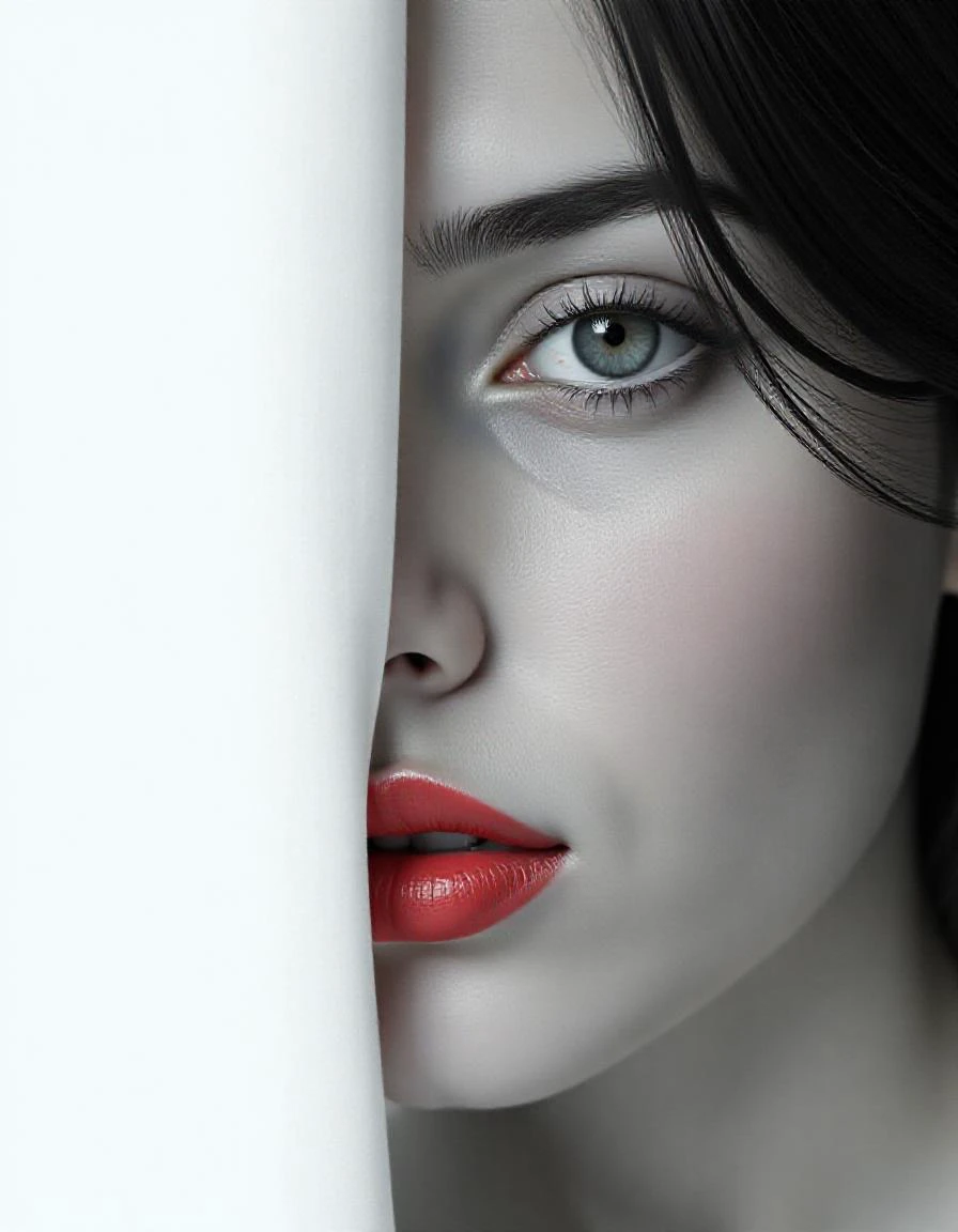 The left half of her face is visible, with her delicate features seamlessly merging into a blank canvas of white. Her soft, bright red lips contrast against the monochromatic background, drawing the viewer's attention. Her eyes hold a subtle, mysterious expression that exudes both haunting and enchanting vibes. The simplicity of the composition, with its stark contrast, evokes a sense of ethereal beauty. Hyper-realistic, 4K,HDR, close-up frame, front view