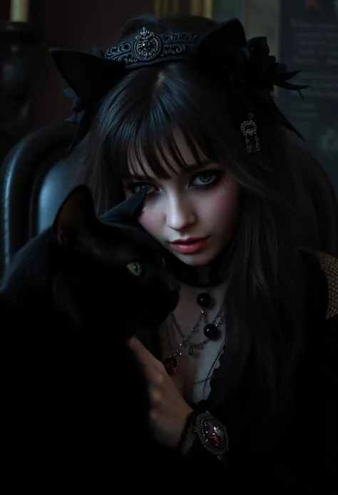 misc-gothic style, realistic scenery, a gorgeous extremly bored 23yo female goth twitch streamer is watching her hyperactive black cat during her stream, extreme close up