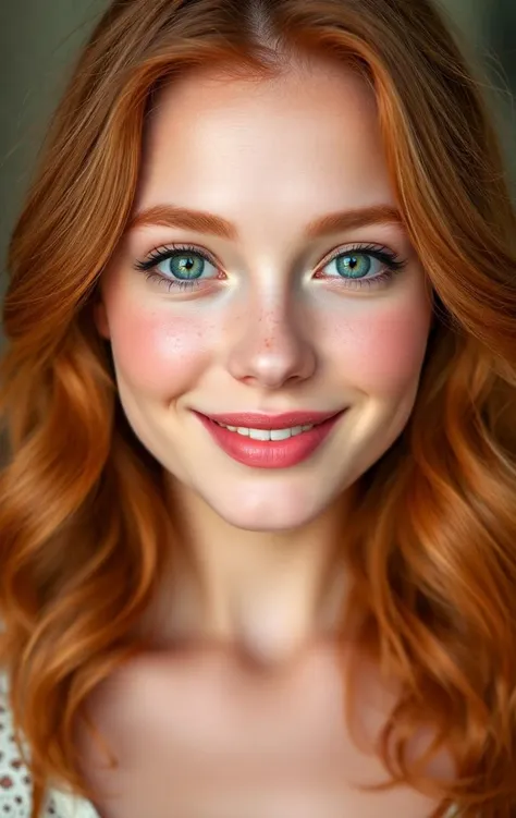 A realistic portrait of a young Caucasian woman of Irish descent, with porcelain skin and slight blush on the cheeks, pale green eyes and freckles around the nose. Natural reddish hair with soft waves, pink lips and cheerful expression. Natural lighting, soft shadows, pin-up styl