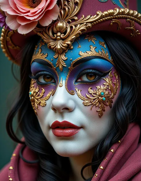 Venice mask,carnival,intricate colors,Artme,romanticism art,(landscape art stylized by Karol Bak:1.3),Paul Gauguin,Cyberpop,short lighting,F/1.8,extremely beautiful,oil painting of. Hyper-realistic, highly detailed, 4K, HDR, very close frame.  <lora:Flux/NSFW2FP16LORA><lora:Flux/Hyper-FLUX.1-dev-8steps-lora:.125>