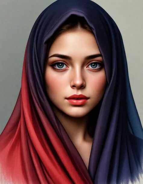 Half-length portrait of a young woman with veils covering her head,soft melancholic smile,vivid image of multiple layers,very watercolor and colored pencils,vivid and saturated colors,imitating Conrad Roset and Paul Klee and Gil Elvgren,hyper-detailed illustration,background textured,fluidity,sharp focus,dramatic,mysterious,dark moody atmosphere,cinematic,ideal,very inspirational,illustrious,marvelous,epic,stunning, passionate, highly detailed, complete background, iconic, romantic, fine detail, deep color,