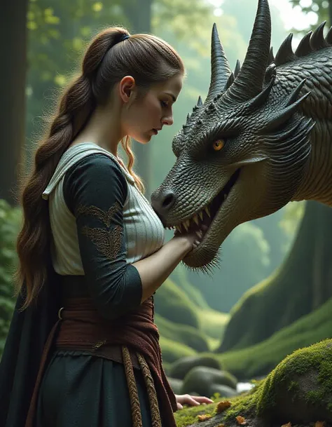 A hyperrealistic photo of a fantasy character, elven rogue, interacting with a dragon