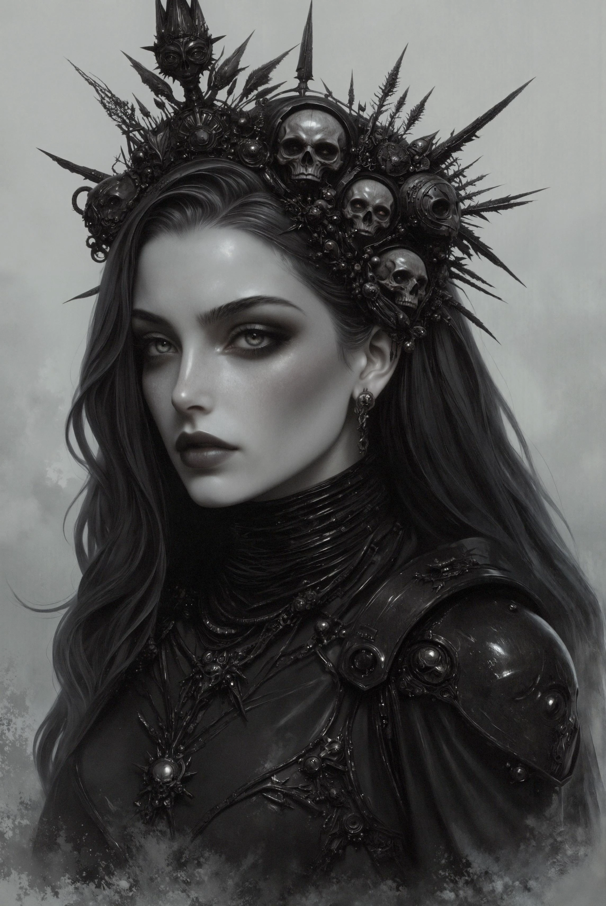 The image is a highly detailed,grayscale digital drawing of a woman with an ethereal,haunting atmosphere. She has fair skin,her long curly dark hair a styled in an elegant black crown adorned with a wreath of intricate,dark flowers and leaves and two skulls. Her eyes are large and expressive,framed by dark,arched eyebrows and dramatic,smoky eye makeup. Her lips are full and painted in a deep,rich color,enhancing her otherworldly beauty. She is dressed in a high-necked,long-sleeved garment made of a dark,textured fabric that appears almost like velvet and style of power armor UltraM40k. The texture of the fabric adds depth and richness to the drawing. The background is a soft,smoky gray that blends seamlessly with the woman's outfit,creating a sense of depth and mystery. The artist's style is realistic with a touch of fantasy,emphasizing the woman's delicate features and the intricate details of her accessories and clothing. The overall composition is symmetrical,with the woman's face centered and her head slightly tilted to the right,creating a sense of contemplation or mystery. The use of shading and highlights gives the drawing a three-dimensional quality,making it appear almost lifelike. An angle is a side view. <lora:FLUX\FLUX.1-Turbo-Alpha\FLUX.1-Turbo-Alpha.safetensors:1> <lora:FLUX\Styles\Midjourney_Dark_Fantasy_FLUX_LoRA.safetensors:0.9> <lora:FLUX\Styles\- Flux1 - vanta_black_V2.0.safetensors:0.9> <lora:FLUX\Styles\flux_realism_lora.safetensors:0.9> <lora:FLUX\Warhammer\FluxUltraM40k.safetensors:0.7>