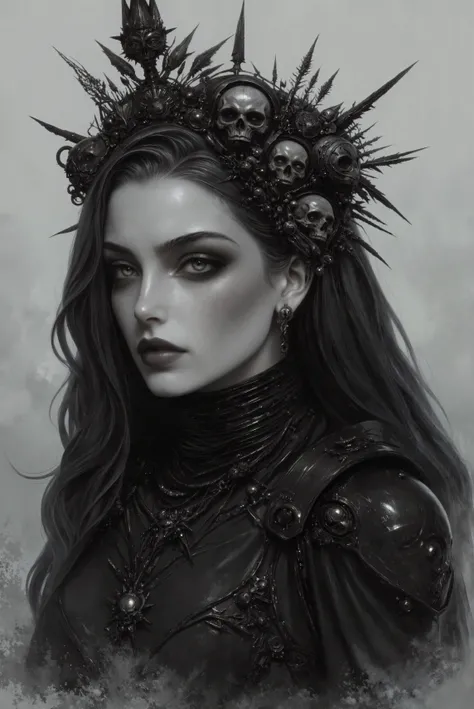 The image is a highly detailed,grayscale digital drawing of a woman with an ethereal,haunting atmosphere. She has fair skin,her long curly dark hair a styled in an elegant black crown adorned with a wreath of intricate,dark flowers and leaves and two skulls. Her eyes are large and expressive,framed by dark,arched eyebrows and dramatic,smoky eye makeup.  Her lips are full and painted in a deep,rich color,enhancing her otherworldly beauty. She is dressed in a high-necked,long-sleeved garment made of a dark,textured fabric that appears almost like velvet and style of power armor UltraM40k.  The texture of the fabric adds depth and richness to the drawing.  The background is a soft,smoky gray that blends seamlessly with the woman's outfit,creating a sense of depth and mystery. The artist's style is realistic with a touch of fantasy,emphasizing the woman's delicate features and the intricate details of her accessories and clothing.  The overall composition is symmetrical,with the woman's face centered and her head slightly tilted to the right,creating a sense of contemplation or mystery.  The use of shading and highlights gives the drawing a three-dimensional quality,making it appear almost lifelike. An angle is a side view.   <lora:FLUX\FLUX.1-Turbo-Alpha\FLUX.1-Turbo-Alpha.safetensors:1>  <lora:FLUX\Styles\Midjourney_Dark_Fantasy_FLUX_LoRA.safetensors:0.9>  <lora:FLUX\Styles\- Flux1 - vanta_black_V2.0.safetensors:0.9>  <lora:FLUX\Styles\flux_realism_lora.safetensors:0.9>  <lora:FLUX\Warhammer\FluxUltraM40k.safetensors:0.7>