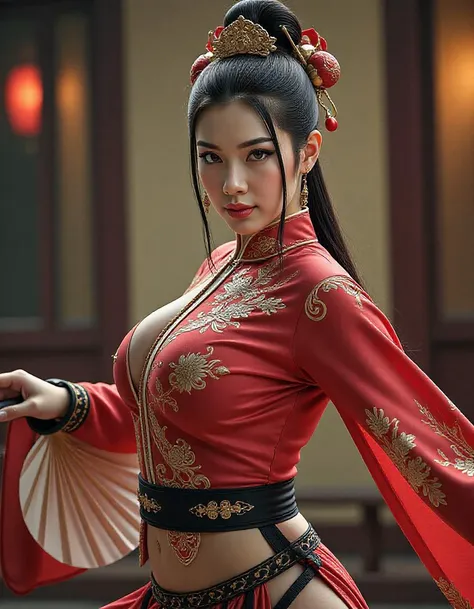  Chinese warrior princess, with a lean and agile physique, wearing a traditional cheongsam, wielding a sword and fan, with a elegant and deadly gaze. Hyper-realistic, highly detailed, 4K, HDR, very close frame