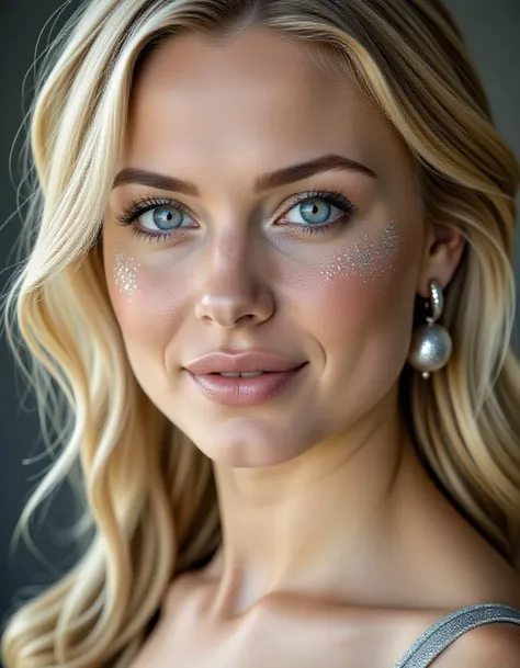 A woman with blonde hair and blue eyes is wearing a silver dress. There are silver glitter on her face and around her eyes. She has large silver earrings hanging from her ears. Hyper-realistic, highly detailed, 4K, HDR, very close frame. Hyper-realistic, highly detailed, 4K, HDR. <lora:Flux/NSFW2FP16LORA><lora:Flux/Hyper-FLUX.1-dev-8steps-lora:.125>