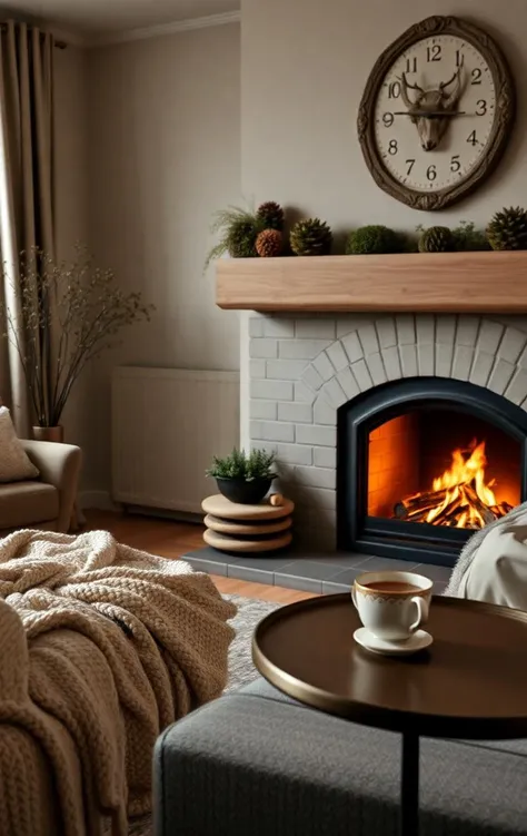 A cozy living room with a crackling fireplace, a soft blanket, and a cup of tea on a side table