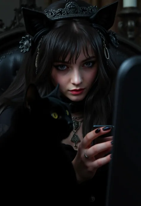 misc-gothic style, realistic scenery, a gorgeous extremly bored 23yo female goth twitch streamer is watching her hyperactive black cat during her stream, extreme close up