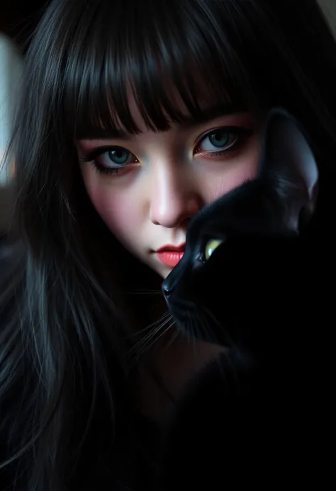 a gorgeous extremly bored 23yo female goth twitch streamer is watching her hyperactive black cat during her stream, extreme close up, <lora:FluxDFaeTasticDetails:0.8>
