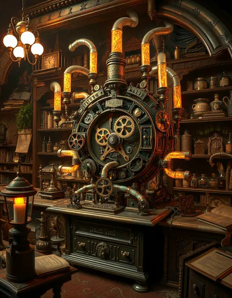 A whimsical, steampunk-inspired computer with intricate gears and glowing tubes, set against a cluttered wizard's workshop filled with scrolls and potions, bathed in warm, golden light.