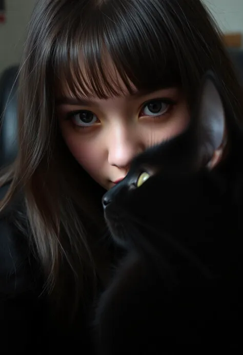 a gorgeous extremly bored 23yo female goth twitch streamer is watching her hyperactive black cat during her stream, extreme close up