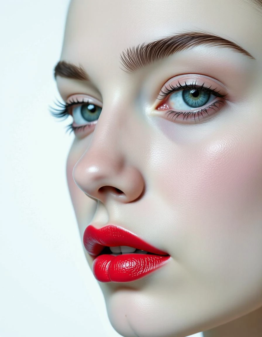 The left half of her face is visible,with her delicate features seamlessly merging into a blank canvas of white. Her soft,bright red lips contrast against the monochromatic background,drawing the viewer's attention. Her eyes hold a subtle,mysterious expression that exudes both haunting and enchanting vibes. The simplicity of the composition,with its stark contrast,evokes a sense of ethereal beauty. Hyper-realistic,4K,HDR,close-up frame,front view,