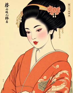A ukiyo-e print of a beautiful geisha, traditional Japanese clothing, and delicate makeup