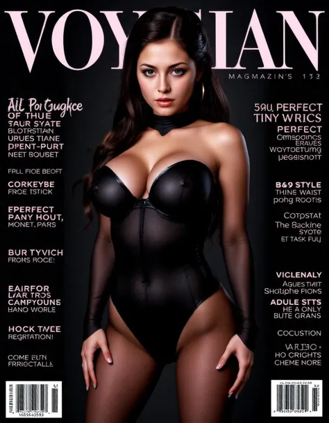 fashion magazine cover, gothic cyberpunk, of a busty young woman, PERFECT EYES, PERFECT FACE, seductive, heavy make up, (tiny waist, hourglass figure, petite),
she is wearing gothic cyber style of black pantyhose and heels, black cyber (bodysuit), posing, looking determined and composed.