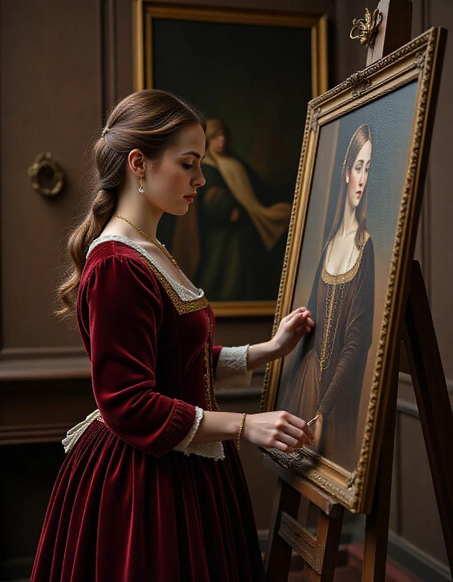 A Renaissance noblewoman, painting in her studio, wearing a velvet gown, 4K photorealistic