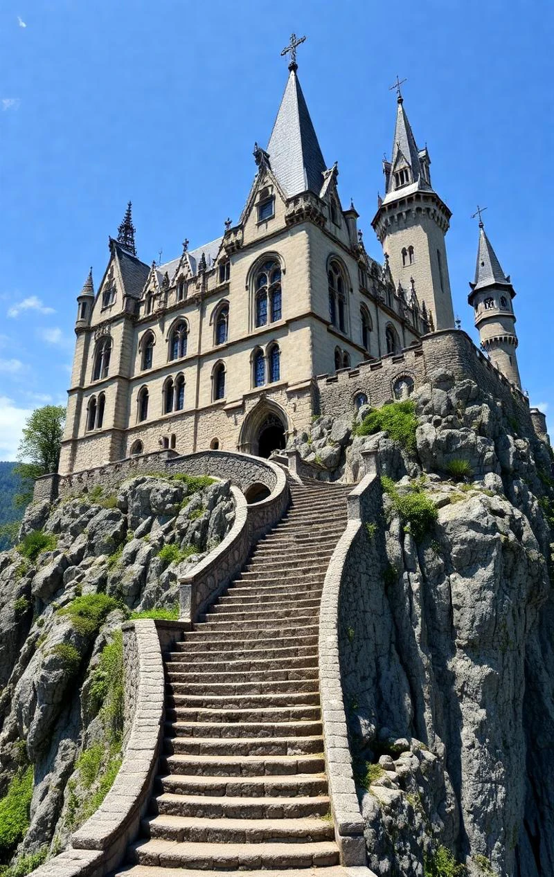 Photography of a Gothic-style castle with pointed arches and gargoyles, perched on a dramatic cliff. Rock-carved staircase to the castle. Very sunny day