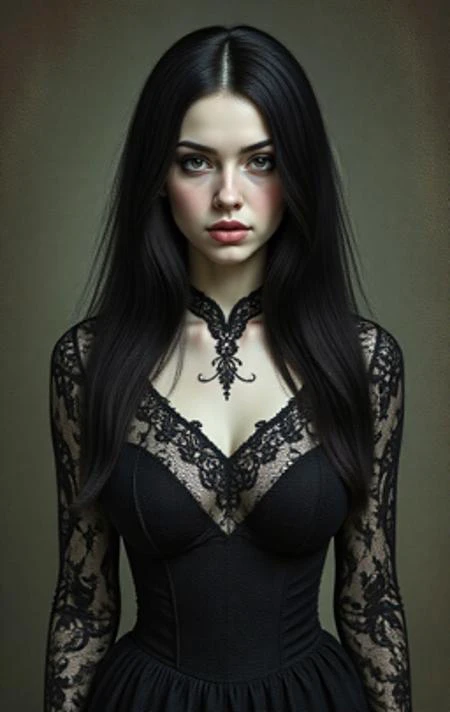 A gothic painting of a dark-haired woman, pale skin, intricate lace dress, and a mysterious expression