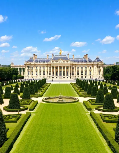 A high-resolution and highly detailed total photographic portrait of the Palace of Versailles and its gardens on a fully sunny day