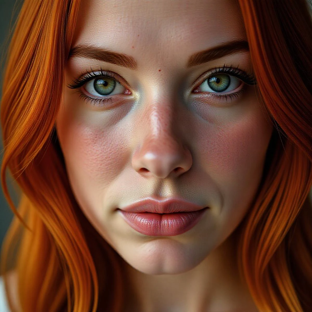 Beautiful red hair green eyed woman extreme close-up, porous and visibly textured skin, natural light, soft focus, beauty photography, portrait, 8k.