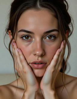 A hyperrealistic portrait of a person, focusing on the hands, with intricate details of skin, hair, and eyes