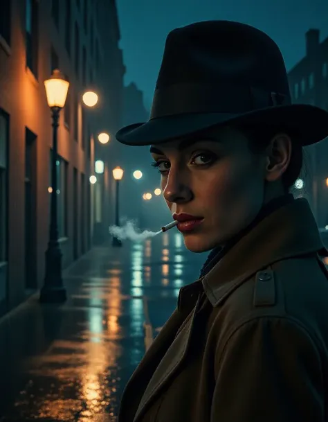 (film noire), city, night, [rain], [fog], trench coat, fedora, private detective, [murder mystery], suspense, femme fatale, dark alley, vintage cars, old street lamps, [smoke], [cigarette],((face closeup))