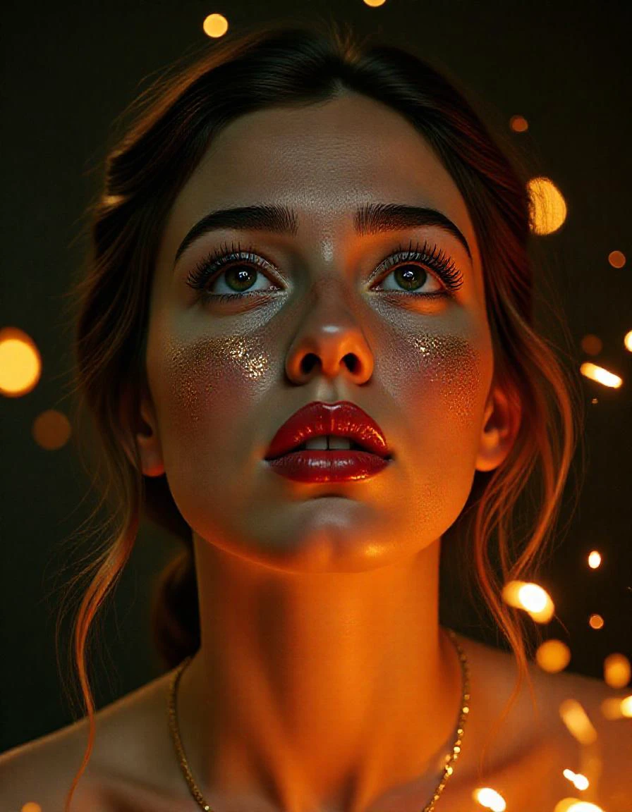 A movie film still of super very close-up portrait of a beautiful 18 year old woman with a mesmerizing and intense gaze, her face illuminated by warm, glowing light. She has glittering gold dust on her face, gold reflection in her eyes, and her lips are a deep, glossy red with shiny sparkles. The background is dark, with sparks and embers floating around her, creating a mystical and fiery atmosphere. Her expression is one of awe and wonder, with eyes reflecting the glowing light. Her hair is slightly messy, adding to the dramatic and ethereal feel of the scene. soaked film, 4k , 8k ,UHD, slightly sweaty skin.