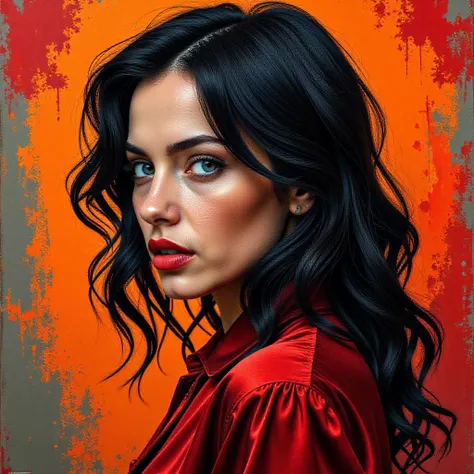 A cinematic shot of a dark fantasy scene with a vivid portrait of a woman with striking blue eyes and tousled black hair. A portrait of a woman with black wavy hair. She has a focused and intense gaze, accentuated by her bold red lipstick. The woman is wearing a deep red, shiny blouse A captivating dark fantasy portrait by TMann, featuring a mysterious brunette woman with a striking profile and rugged appearance. Her unkempt hair cascades down her back, framing her intense gaze. The artist masterfully employs bold, expressive brushstrokes to bring her essence to life, creating a mesmerizing abstract acrylic portrait. The background is a stunning blend of warm oranges and deep reds, contrasting with her cool skin tones. Fluid, irregular lines and splattered ink add texture and life, while dynamic knife strokes emphasize movement. Contrast lighting and the knife-paint technique are used to create depth and dimension. This mesmerizing piece is a multi-layered composition, featuring vivid style, typography, portrait photography, poster, conceptual art, illustration, and painting elements. The HD quality and detailed textures make this a, 3d render, conceptual art, poster, fashion, painting, typography, illustration, cinematic, portrait photography, vibrant Less, graffiti. Hyper-realistic, 4K, HDR, <lora:Flux/NSFW2FP16LORA><lora:Flux/Hyper-FLUX.1-dev-8steps-lora:.125>