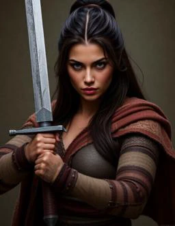 A warrior woman holding a sword, determined expression