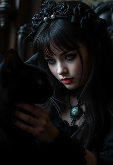 misc-gothic style, realistic scenery, a gorgeous extremly bored 23yo female goth twitch streamer is watching her hyperactive black cat during her stream, extreme close up