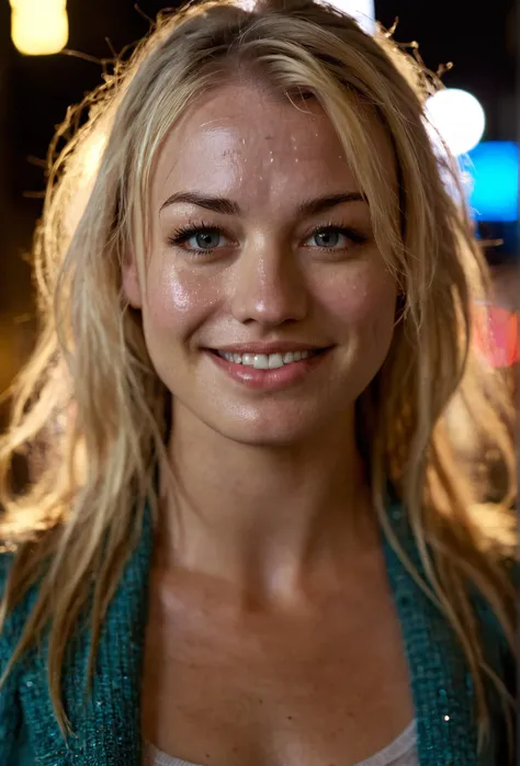 high resolution (face portrait) photo of yvstr woman,smile,blonde long hair,sweaty skin,looking at camera,wearing sweater,standing in the middle of a street,neon lights,gloomy,dimly lit,dark ,cinematic,realistic skin textures,pores,skin imperfection,bokeh,depth of field,masterpiece,volumetric lighting,cinematic,surreal dramatic shadow