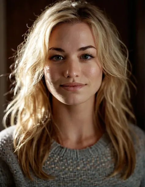 highest resolution upper body shot raw dslr photo of yvstr woman,wearing sweater,analog film photo,film,grainy,blonde long hair in loose waves,realistic skin texture,pores,wrinkles,skin imperfection,dimly lit,gloomy,dark,cinematic,bokeh,depth of field,masterpiece,volumetric lighting,cinematic,surreal dramatic shadow,smile