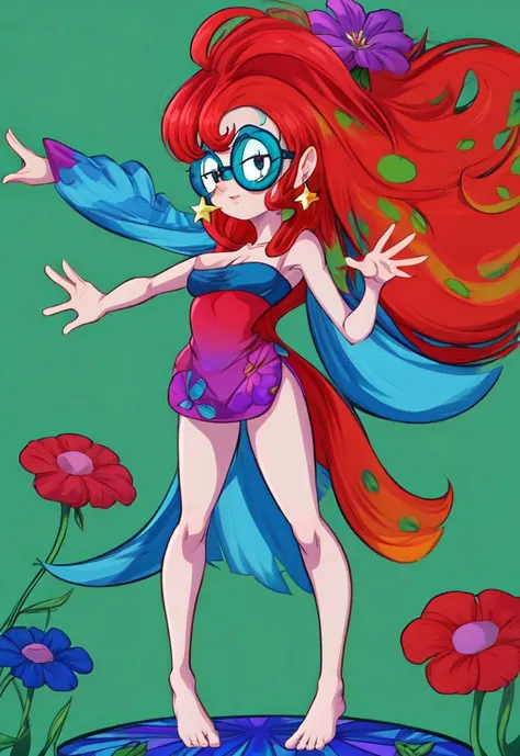 masterpiece, highest quality, ((cartoon)), Oceanbird(DL) <lora:Oceanbird(DL):0.8>, glasses, red long hair, slim, tall, upskirt, hippy clothes, star earrings, barefoot, weed imagery, flowers and nature, trippy background, groovy background, full body, character focus, medium breasts, psychodelic background, 70's hippy, dynamic pose <lora:add_detail:1> <lora:aki-puffy-only-epoch-000002:0.3>