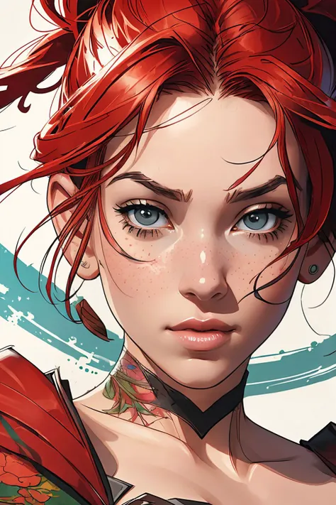 a 21 years old (european:1.3) devil girl with wild black hair with red braids| centered| key visual| intricate| highly detailed| breathtaking beauty| precise lineart| vibrant| comprehensive cinematic| Carne Griffiths| Conrad Roset