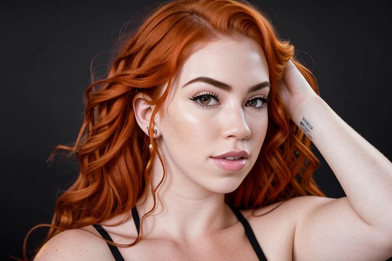 A redheaded non-Asian woman with very long hair, falling to ass height. She is wearing a black blouse that highlights her large breasts.. She has red fox ears, with the inside of the ears in light pink, and a red fox tail with a light pink tip. His left arm is completely tattooed. She has fair white skin and a slim body with blue eyes..
