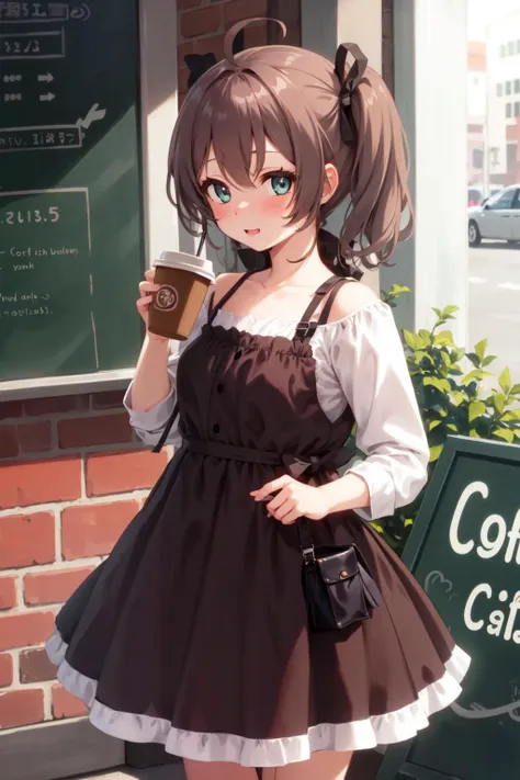 girl wearing a cute dress sipping coffee at a cafe <lyco:KitsuneAi-Matsuri-LoCon32V1-000010:1>