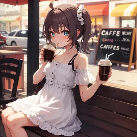 girl wearing a cute dress sipping coffee at a cafe <lyco:KitsuneAi-Matsuri-LoCon32V1-000010:1>