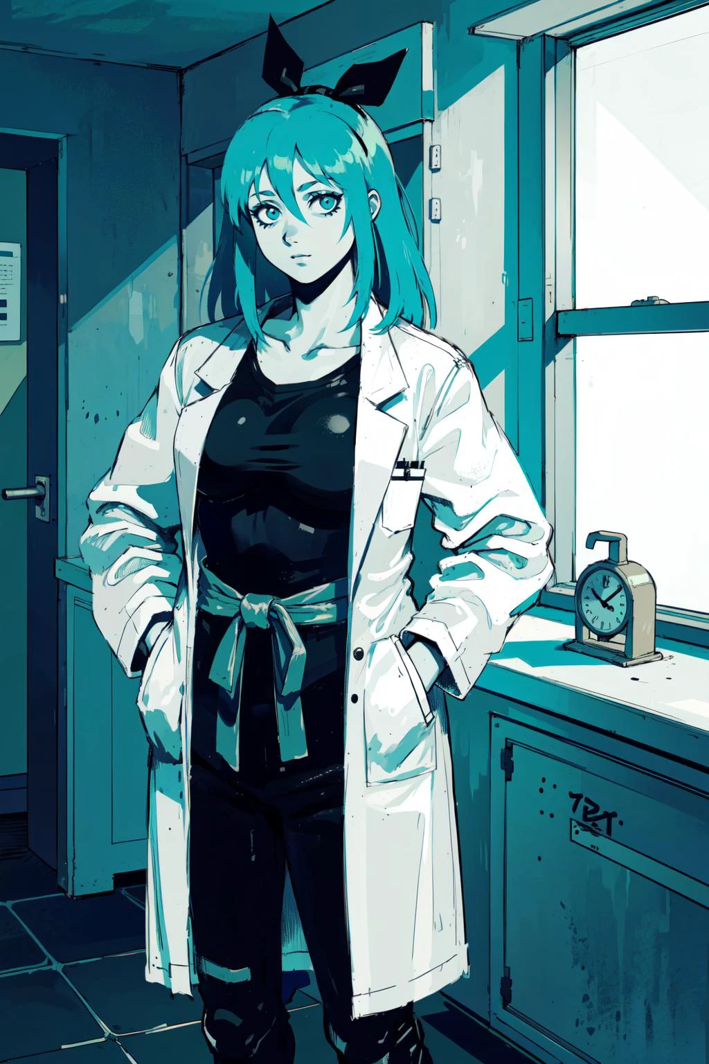 standing, standing straight, (both hand on hip), BREAK milf female, medium spiked hair, cyan colored big hair ribbon, <lora:gothGirlLora_v10:0.5>, goth girl with goth makeup, lovely medium breasts, (long white labcoat), BREAK (Intravenous Therapy:1.05), (Medical Vital Signs Monitor:1.15), (University Hospital Single-Bed Room:1.2), (Light Leaks Through The Open Window:1.1), (best quality, masterpiece:1.1), <lora:dorohedoro:0.9>, monochrome