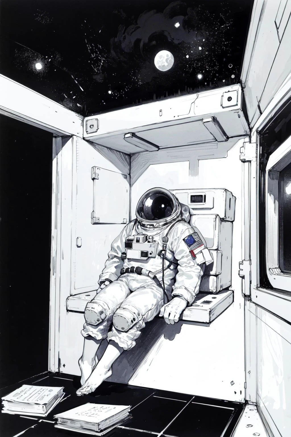 Sitting With Legs Stretched Out, Barefoot, BREAK 18 year old female, hair, round eyewear, lovely medium breasts, (thick space suit, astronaut:1.2), BREAK (room full of scattered books), distant city lights, starry sky, nebula, (best quality, masterpiece:1.1), <lora:dorohedoro:0.9>, monochrome