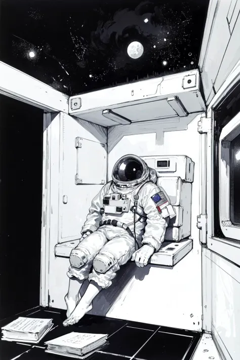Sitting With Legs Stretched Out, Barefoot, BREAK     18 year old female,     hair,        round eyewear,        lovely medium breasts,    (thick space suit, astronaut:1.2), BREAK  (room full of scattered books), distant city lights, starry sky, nebula,   (best quality, masterpiece:1.1),   <lora:dorohedoro:0.9>, monochrome