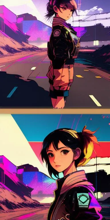 (kuvshinov:1), (samdoesart:1.1), (dreamlikeart:1), (nvinkpunk:1.4), (((GIRL))), ((FEMENINE)), (((FIT BODY))), ((BOMBER JACKET)), ((SHORTS)), ((PERFECT FACE)), ((HIGH DETAILED FACE)), ((ANIME EYES)), (((DETAILED PUPILS))). DESERT, PAVED ROAD, SUN ON BACKGROUND, NO CLOUDS. (HIGH DETAIL), SHARP