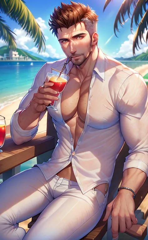 dreamlikeart,(Masterpiece Photo:1.3) of (Ultra detailed:1.3) photograph of character Markus_tune ,wearing ((unbuttoned white dress shirt)) and jeans,sitting at a tikibar with a drink, castle beach in the background, looking at viewer, photorealistic, skin detail, intricate depth of field, looking at viewer Highly Detailed<lora:Markusv5thirdtryb-000005:.7>