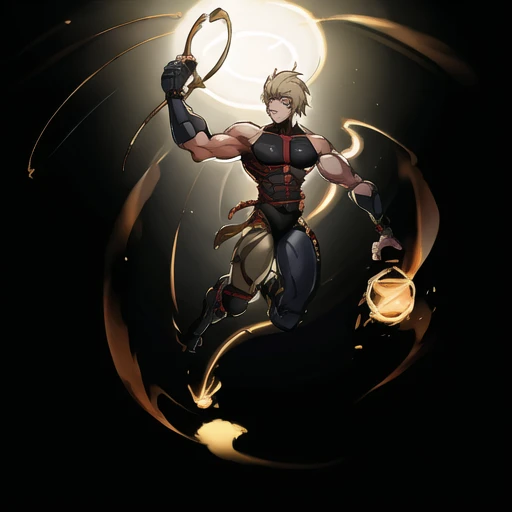 1boy, fisheye, lens flare, jumping, prosthetic leg, prosthetic, muscular male, shadow, blonde hair