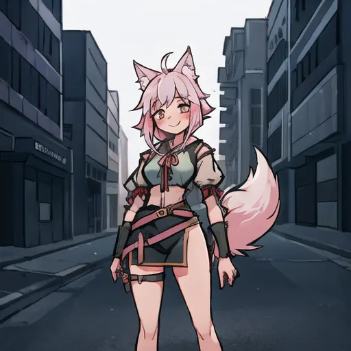 1girl, (best quality:1.5), standing on street, cowboy shot, blush, smile, wolf ears, wolf tail