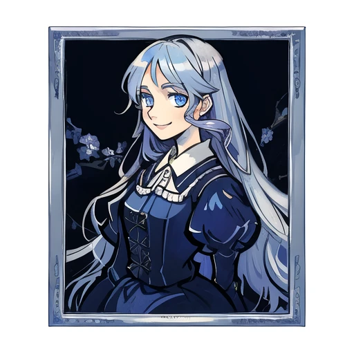 masterpiece, best quality, illustration, vincent van gogh, 1girl, portrait, detailed long silver blue hair, beautiful blue eyes, blue dress, smile