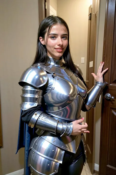 strawberrytabbyy, a woman,(wearing medieval armor:1.4), smiling <lora:strawberrytabbyy:1>